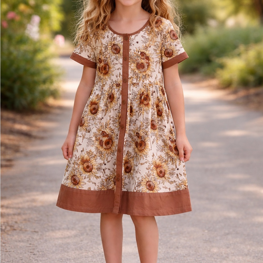 Millie Loves Lily Girls' Cream Sunflower Casual Dress with Brown Trim
